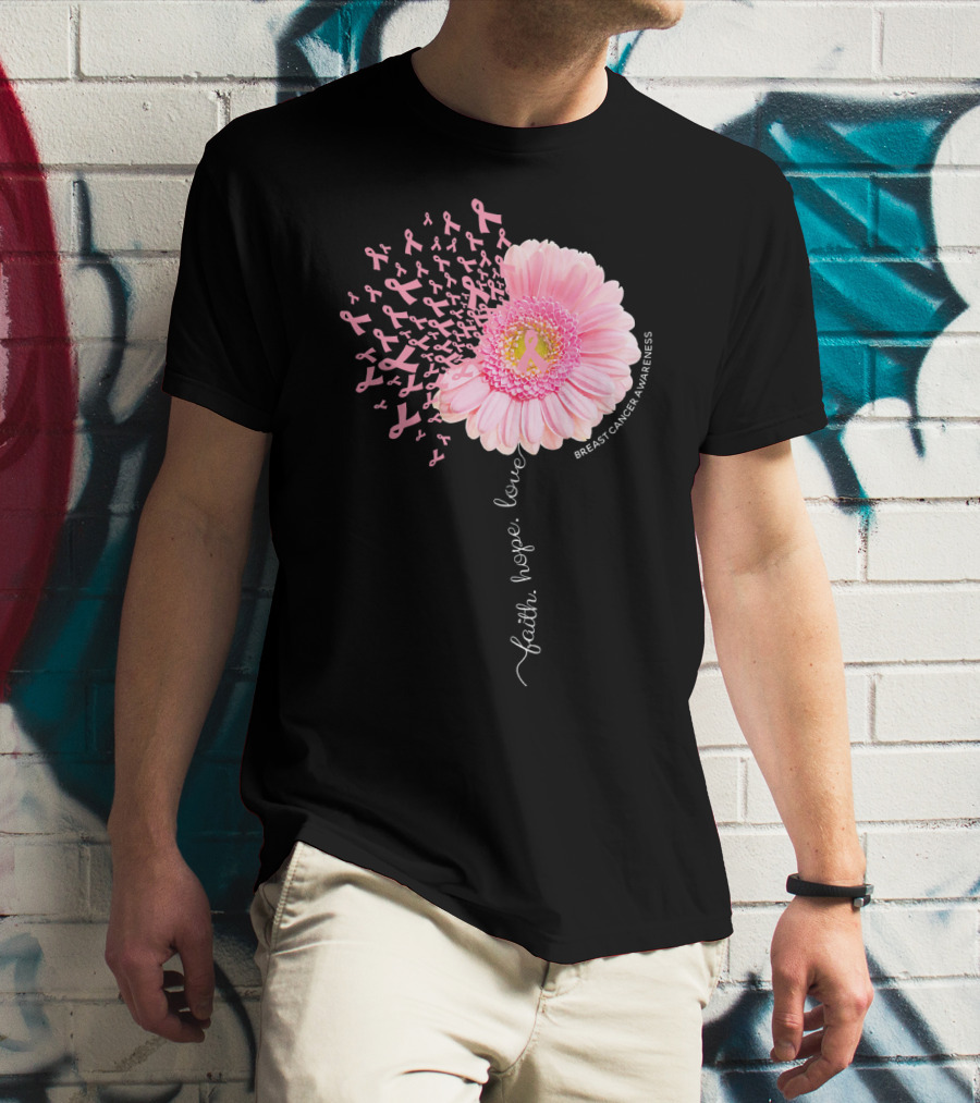 Faith Hope Love Dandelion Daisy Breast Cancer Awareness T-Shirt