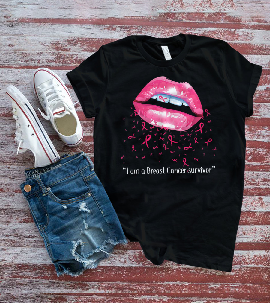 I Am A Breast Cancer Survivor Pink Ribbon Lips T-Shirt