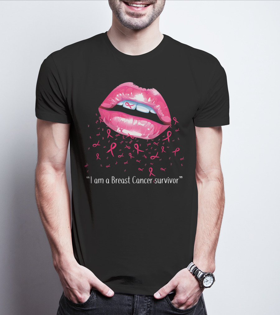 I Am A Breast Cancer Survivor Pink Ribbon Lips T-Shirt