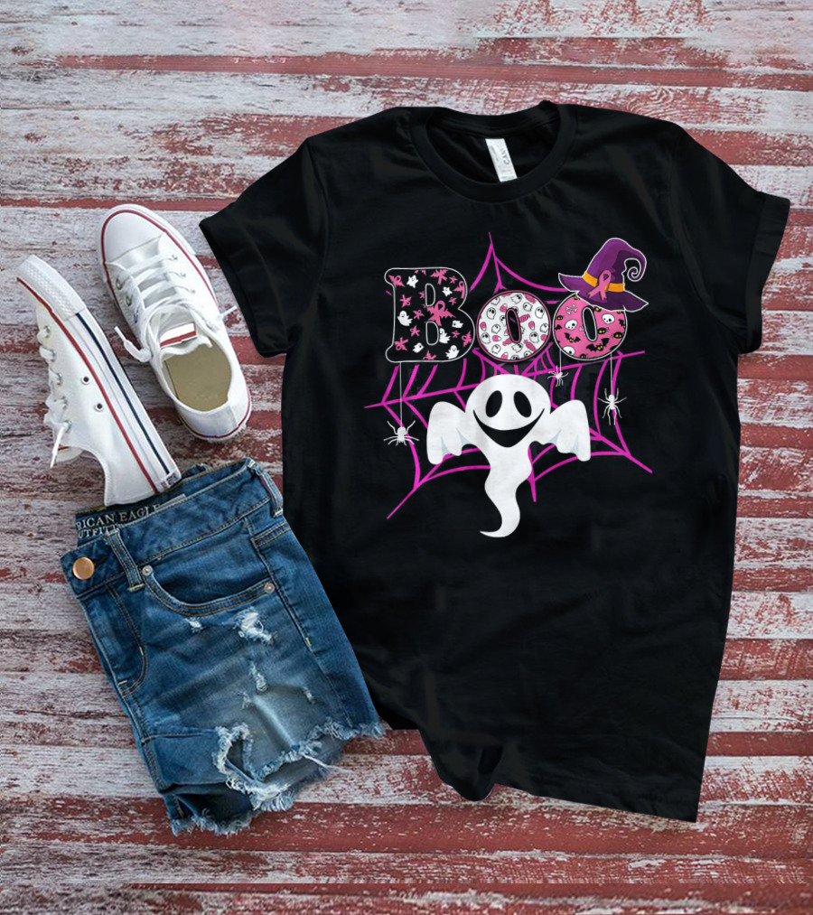 BOO Ghost Pink Ribbon Breast Cancer Awareness Halloween Spider Web Hat T-Shirt