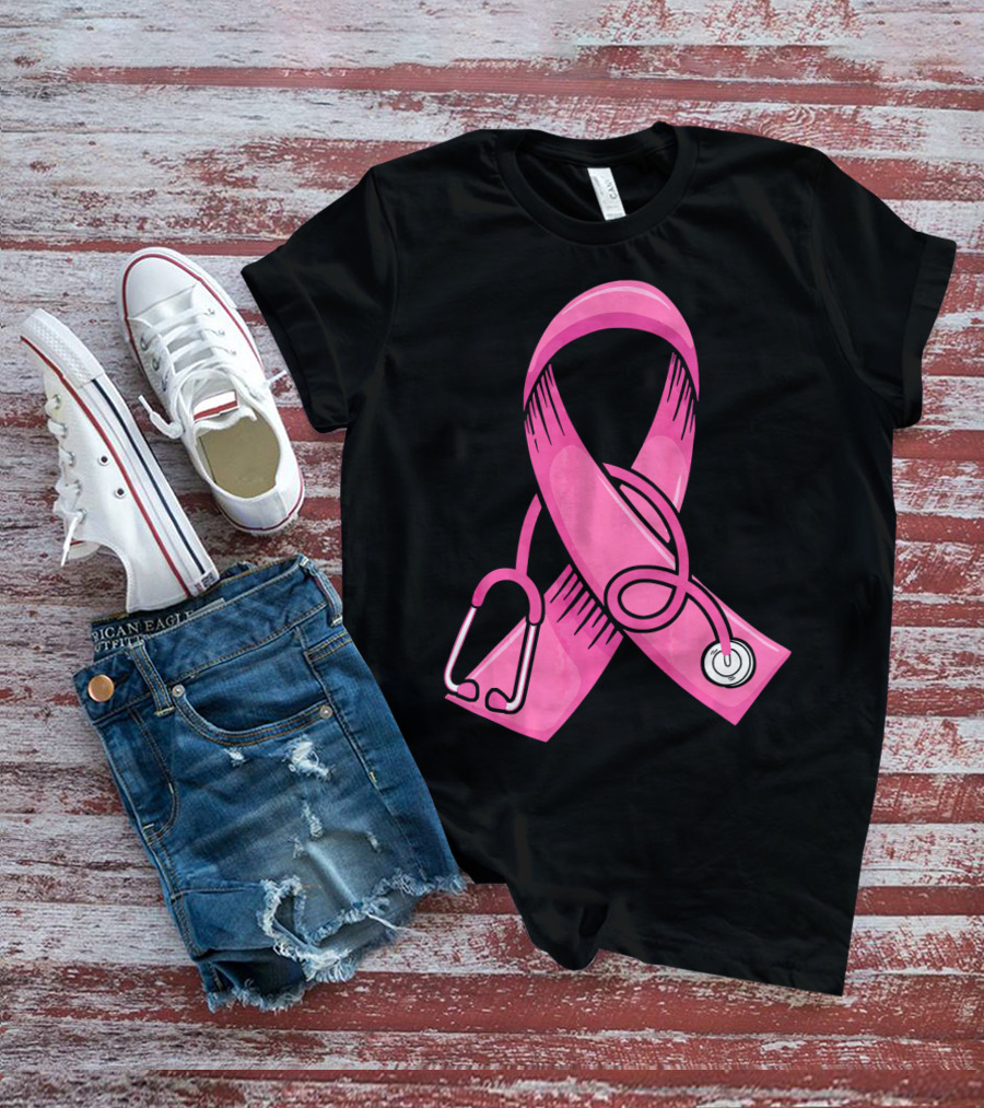 Pink Ribbon Heartbeat Nurse Doctor Breast Cancer Awareness Stethoscope T-Shirt