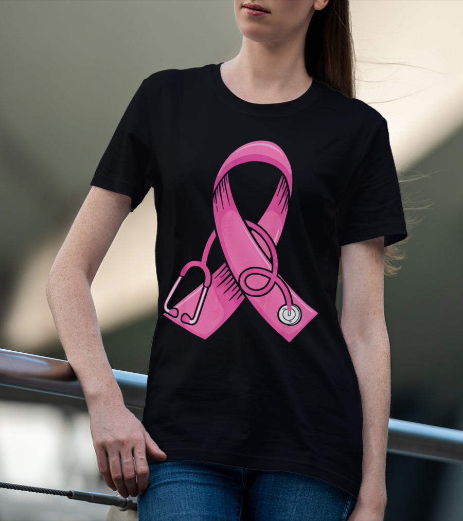 Pink Ribbon Heartbeat Nurse Doctor Breast Cancer Awareness Stethoscope T-Shirt