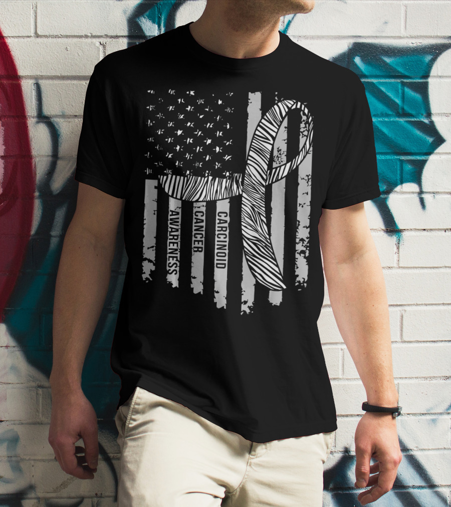 Zebra Ribbon Carcinoid Cancer Awareness American Flag Support T-Shirt