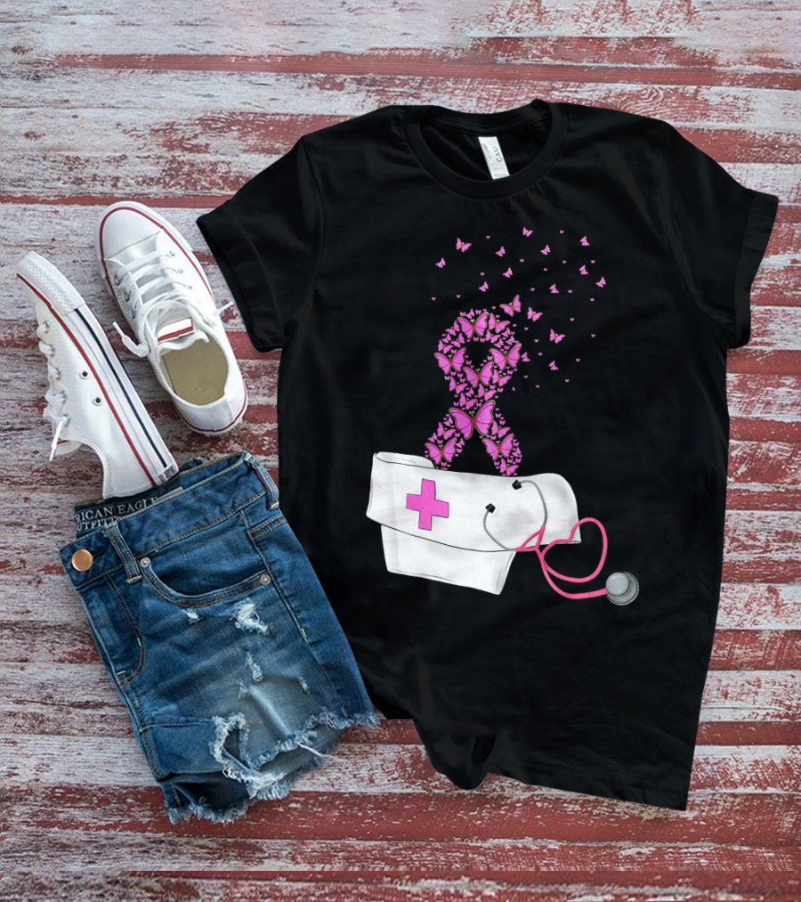 Breast Cancer Awareness Pink Butterfly Ribbon Nurse Doctor Stethoscope Hat T-Shirt
