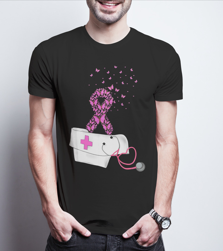 Breast Cancer Awareness Pink Butterfly Ribbon Nurse Doctor Stethoscope Hat T-Shirt