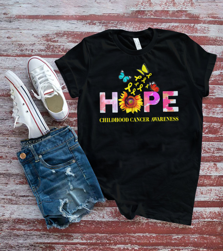 HOPE Childhood Cancer Awareness Yellow Ribbon Butterflies Sunflower T-Shirt