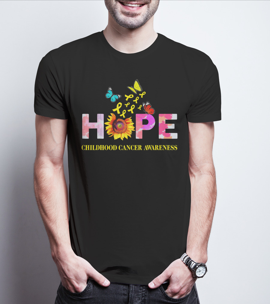 HOPE Childhood Cancer Awareness Yellow Ribbon Butterflies Sunflower T-Shirt