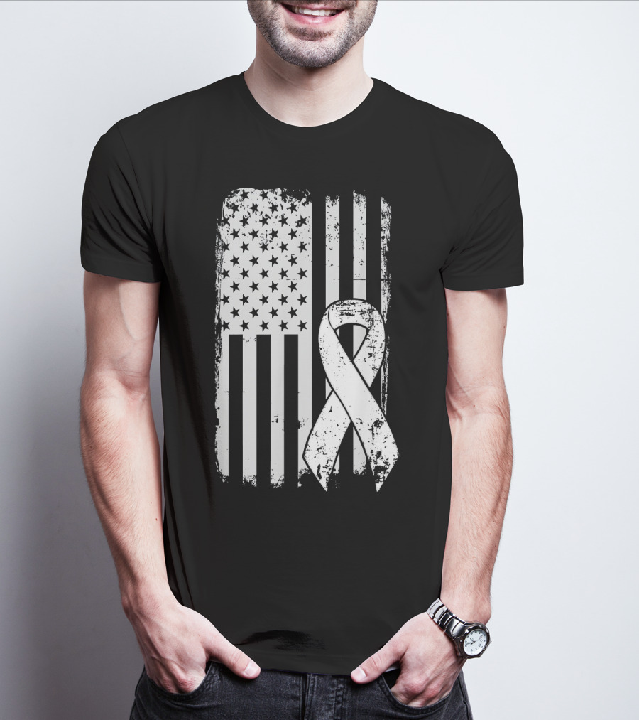 Mens Lung Cancer Awareness Distressed American Flag T-Shirt