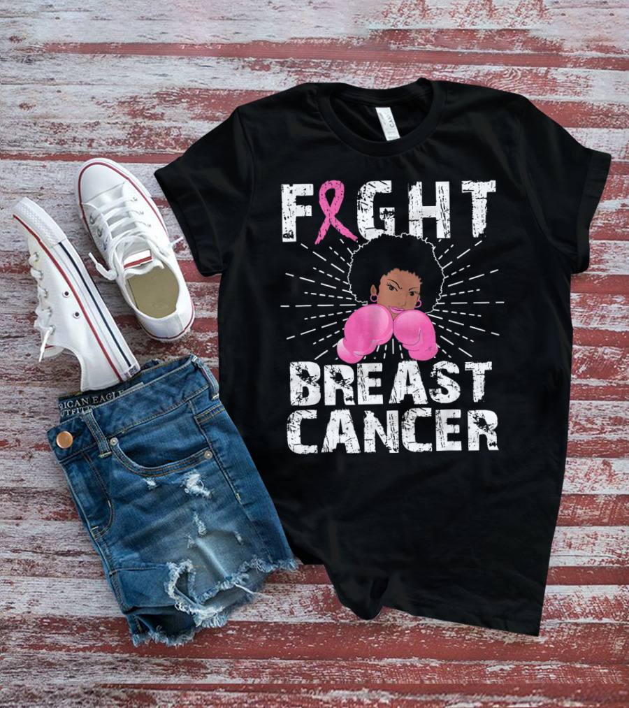 FIGHT Breast Cancer Pink Ribbon Afro Woman Boxing Gloves T-Shirt