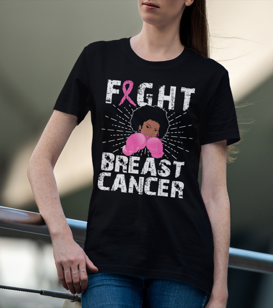 FIGHT Breast Cancer Pink Ribbon Afro Woman Boxing Gloves T-Shirt