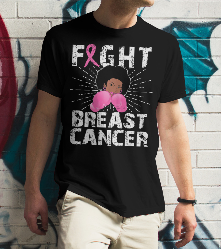 FIGHT Breast Cancer Pink Ribbon Afro Woman Boxing Gloves T-Shirt