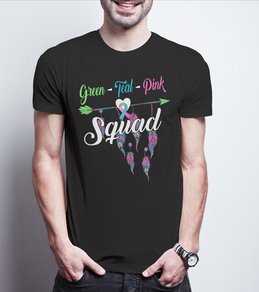 Green Teal Pink Ribbon Arrow Heart Feather Squad T-Shirt