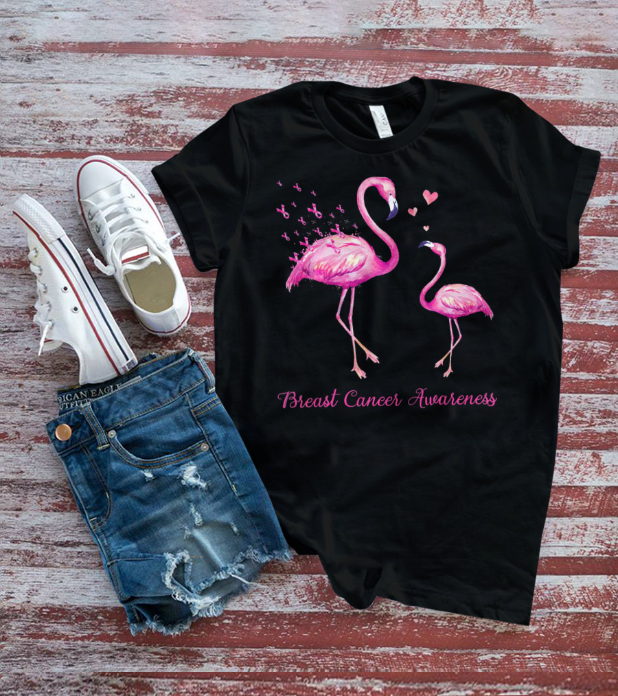 Breast Cancer Awareness Family Flamingo Mom Baby Hearts T-Shirt