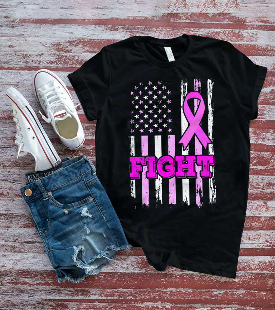 Fight Pink Ribbon American Flag Breast Cancer Awareness T-Shirt
