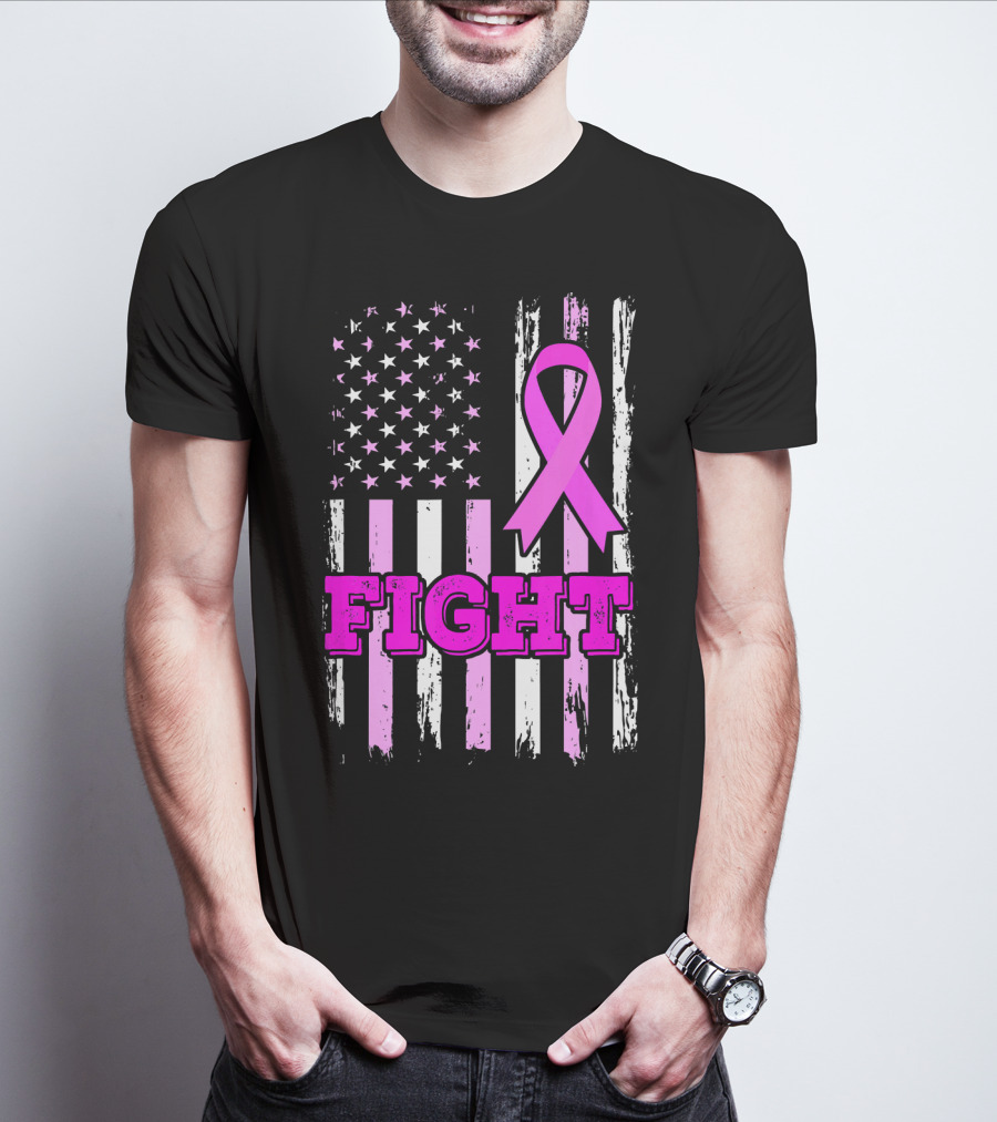 Fight Pink Ribbon American Flag Breast Cancer Awareness T-Shirt