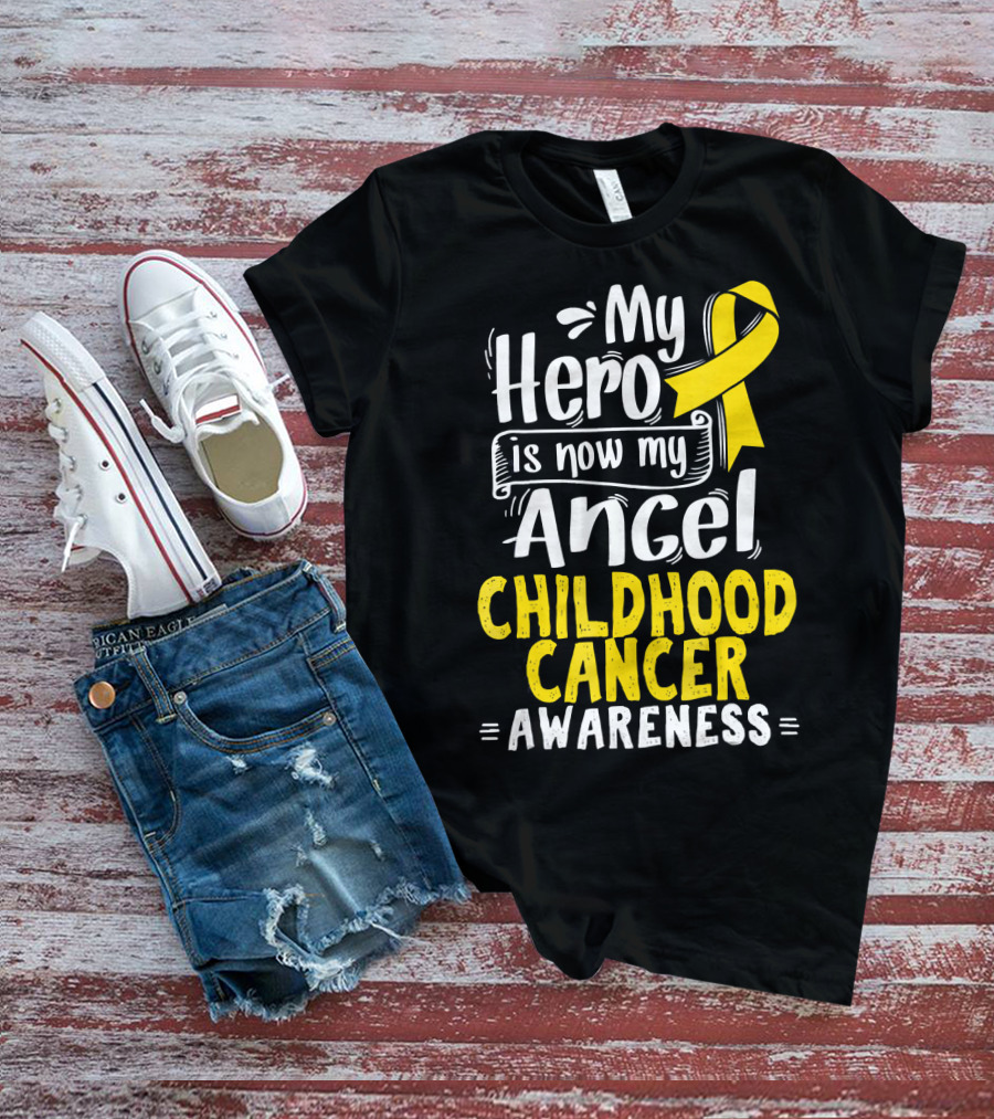 Gold Awareness Ribbon My Hero Is Now My Angel Childhood Cancer Awareness T-Shirt