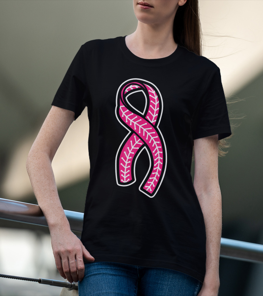 Pink Ribbon Baseball Stitching Breast Cancer Awareness T-Shirt