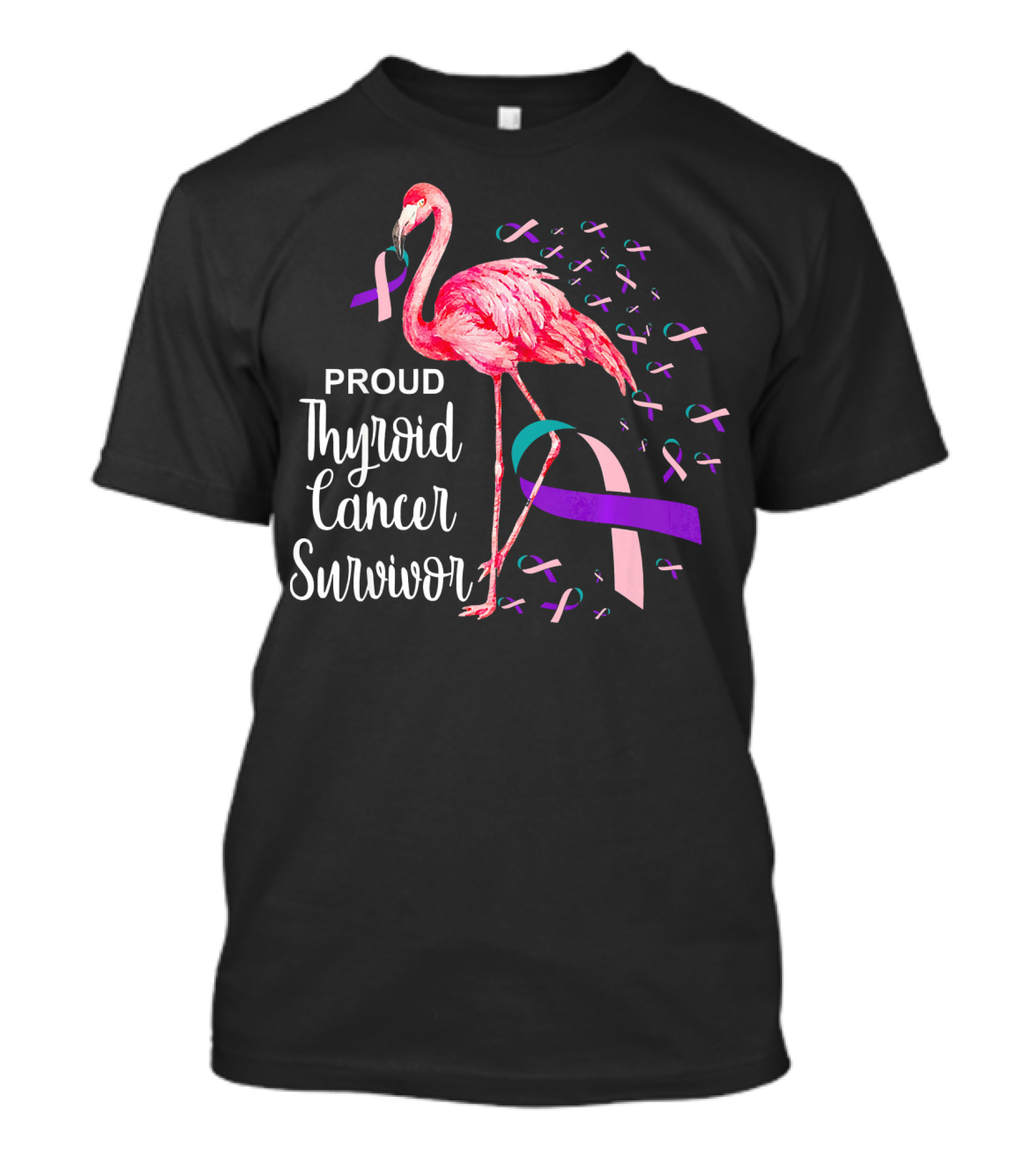 Proud Thyroid Cancer Survivor Flamingo Pink And Purple Ribbons T-Shirt