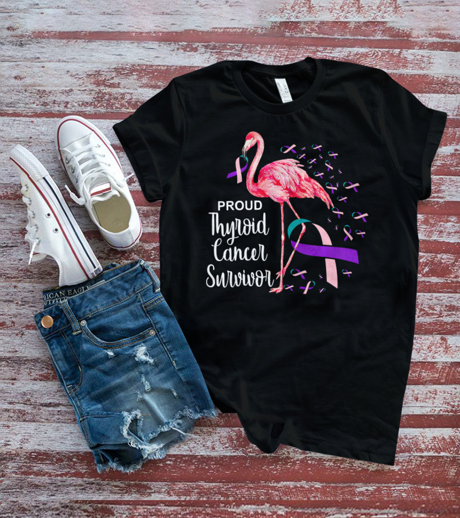 Proud Thyroid Cancer Survivor Flamingo Pink And Purple Ribbons T-Shirt