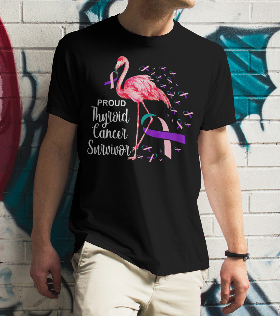 Proud Thyroid Cancer Survivor Flamingo Pink And Purple Ribbons T-Shirt