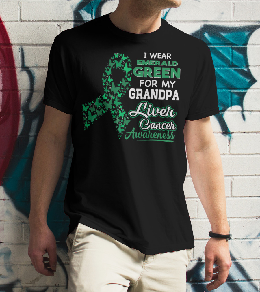 I Wear Emerald Green For My Grandpa Liver Cancer Awareness T-Shirt