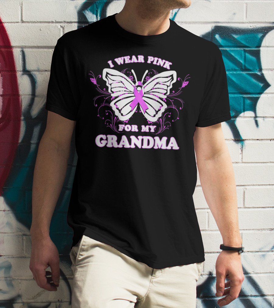 I Wear Pink For My Grandma Breast Cancer Awareness Butterfly T-Shirt