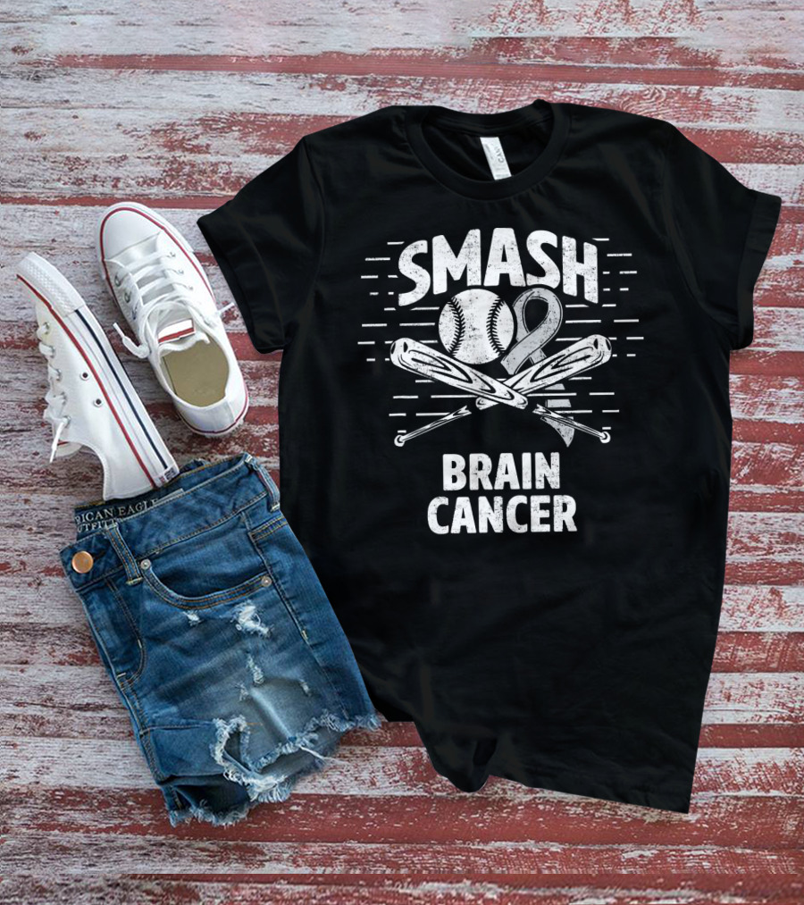Smash Brain Cancer Baseball Ribbon Therapy Grey T-Shirt
