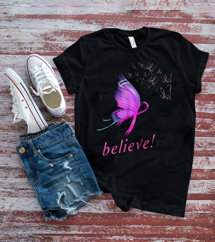 Believe Pink Ribbon Butterfly Breast Cancer Awareness T-Shirt