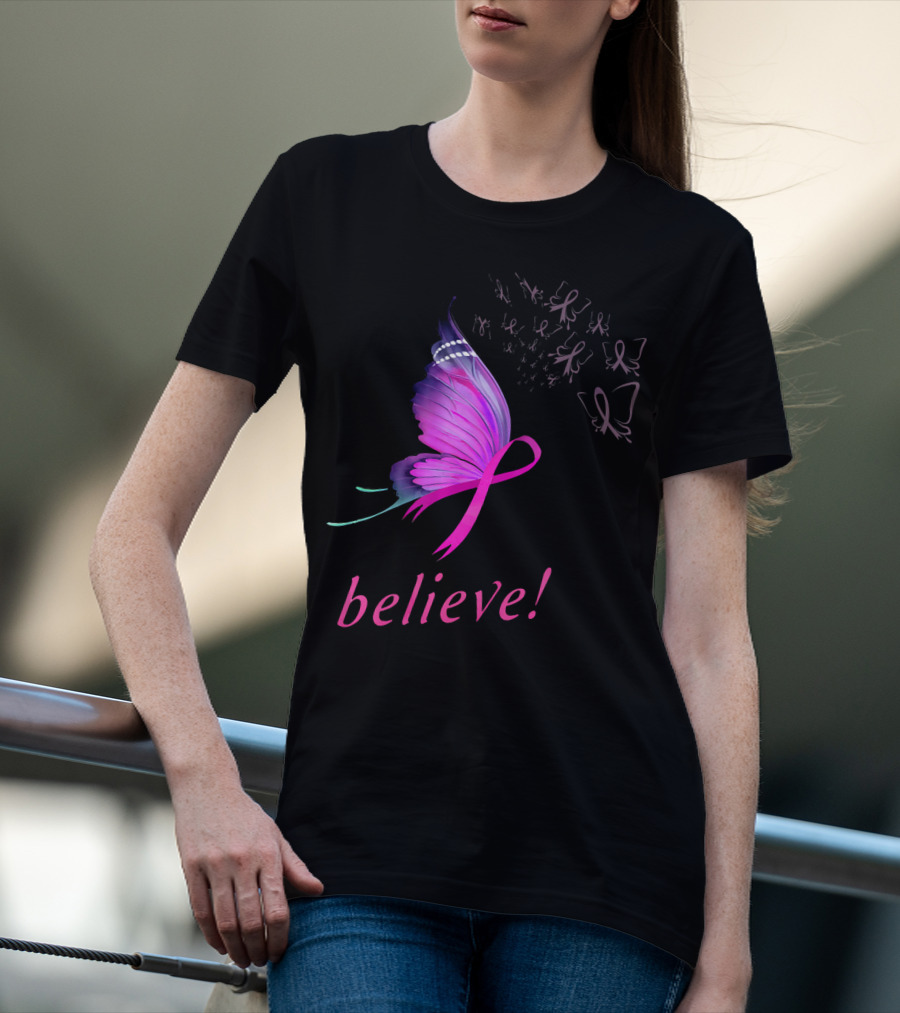 Believe Pink Ribbon Butterfly Breast Cancer Awareness T-Shirt