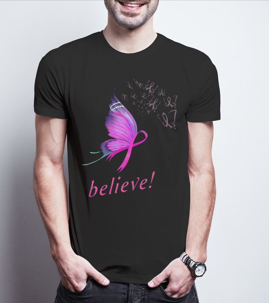 Believe Pink Ribbon Butterfly Breast Cancer Awareness T-Shirt