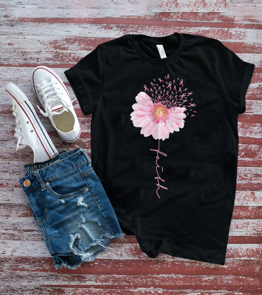 Faith Daisy Flower Pink Ribbon Breast Cancer T-Shirt