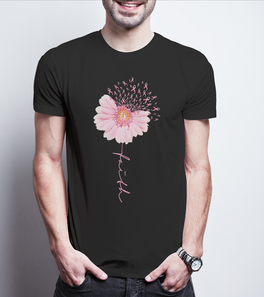 Faith Daisy Flower Pink Ribbon Breast Cancer T-Shirt
