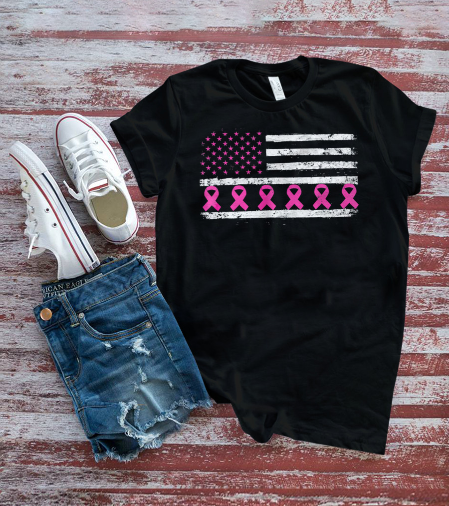 American Flag Distressed Breast Cancer Awareness Pink Ribbons T-Shirt
