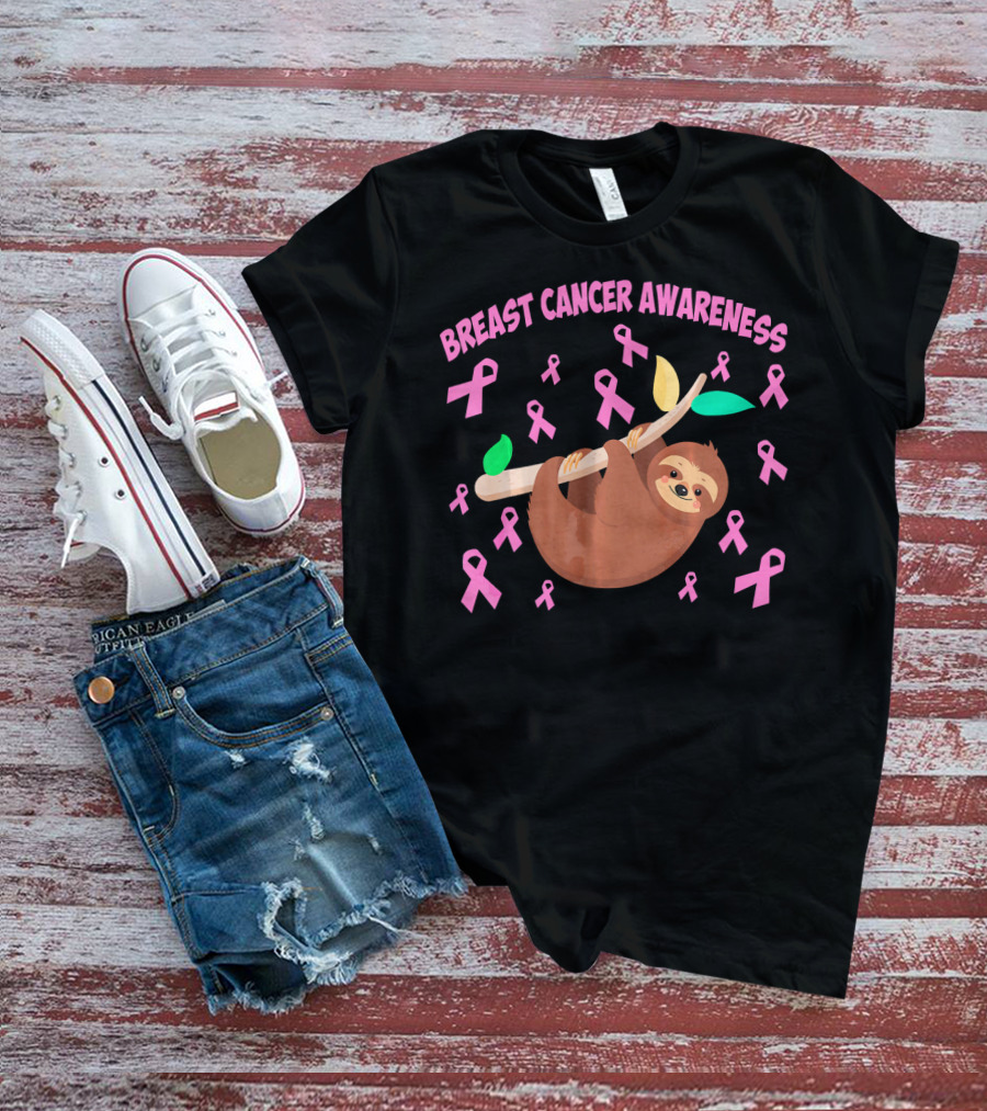 Breast Cancer Awareness Cute Sloth Pink Ribbons T-Shirt