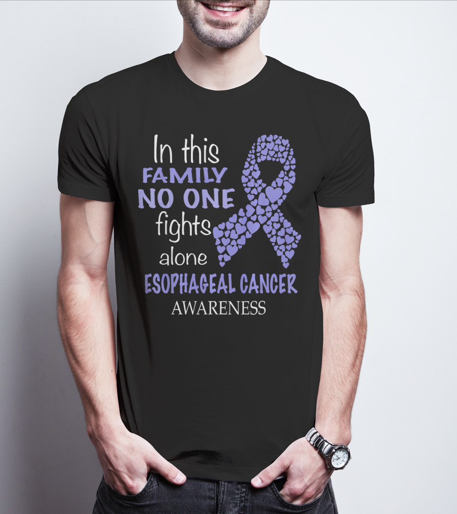 In This Family No One Fights Alone Esophageal Cancer Awareness Ribbon Hearts T-Shirt