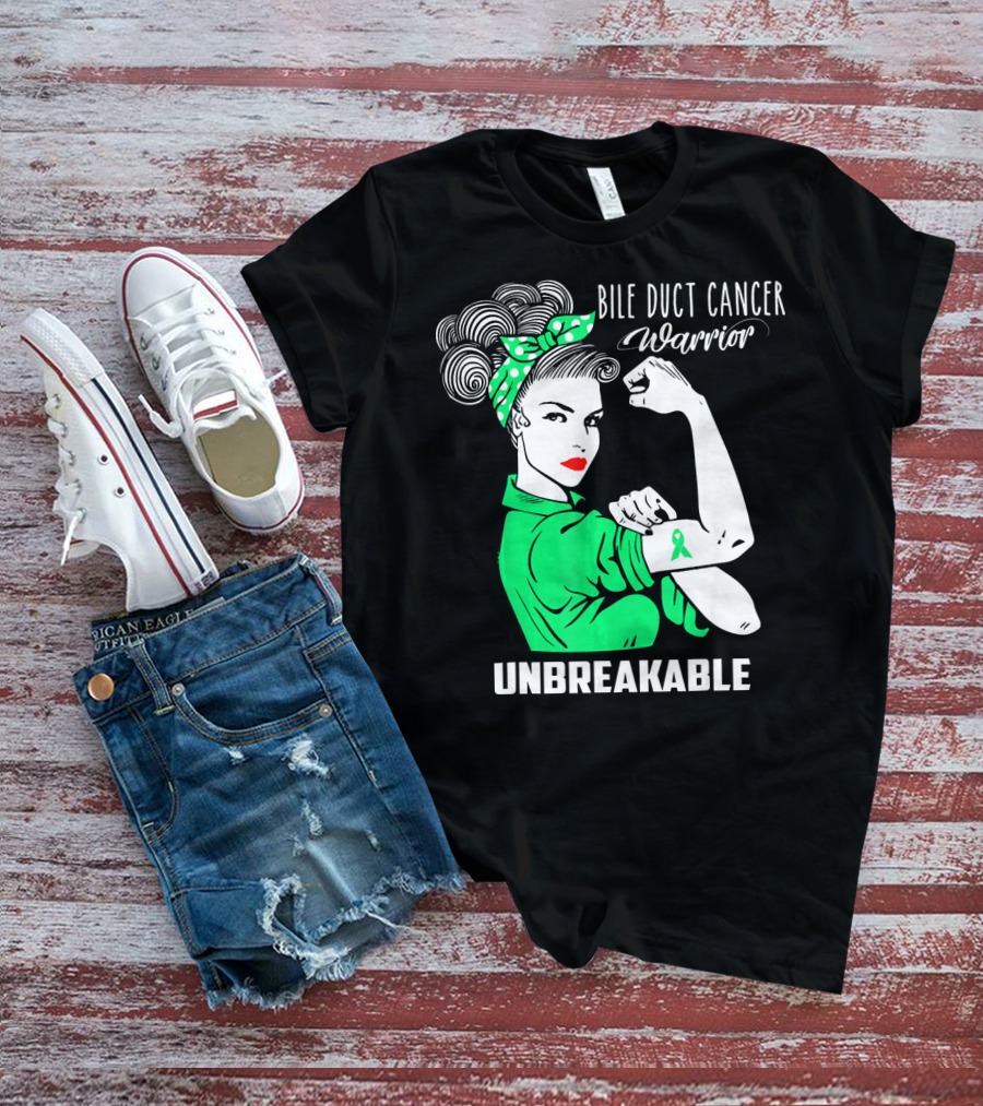 Bile Duct Cancer Warrior Unbreakable Rosie The Riveter Style With Awareness T-Shirt