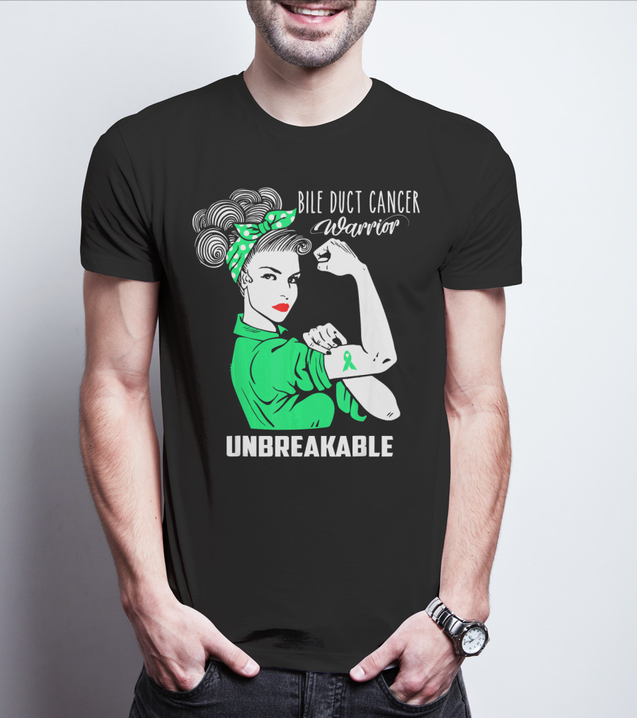 Bile Duct Cancer Warrior Unbreakable Rosie The Riveter Style With Awareness T-Shirt