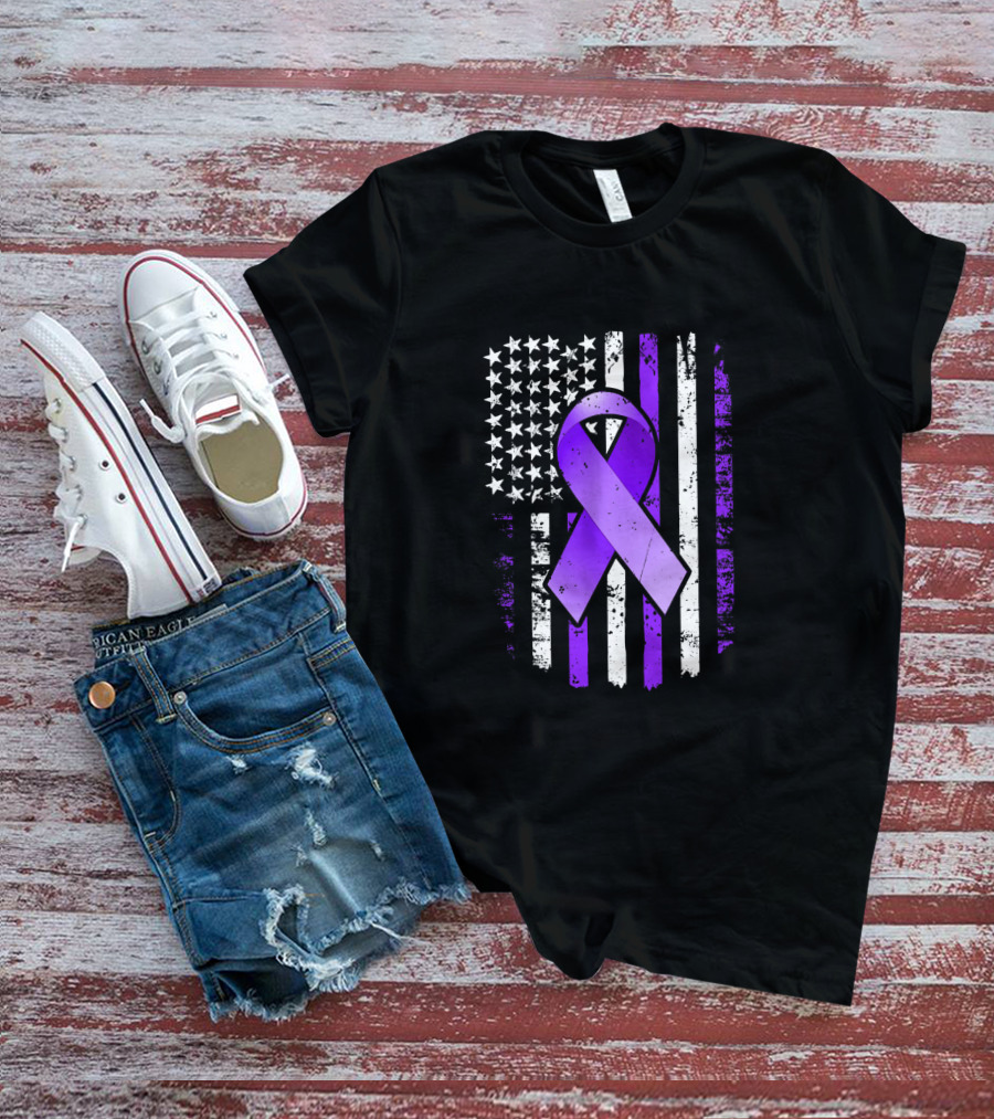 American Flag Purple Ribbon Pancreatic Cancer Awareness T-Shirt