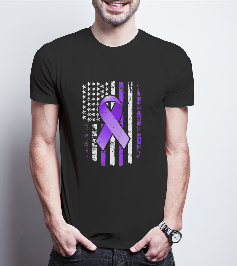 American Flag Purple Ribbon Pancreatic Cancer Awareness T-Shirt
