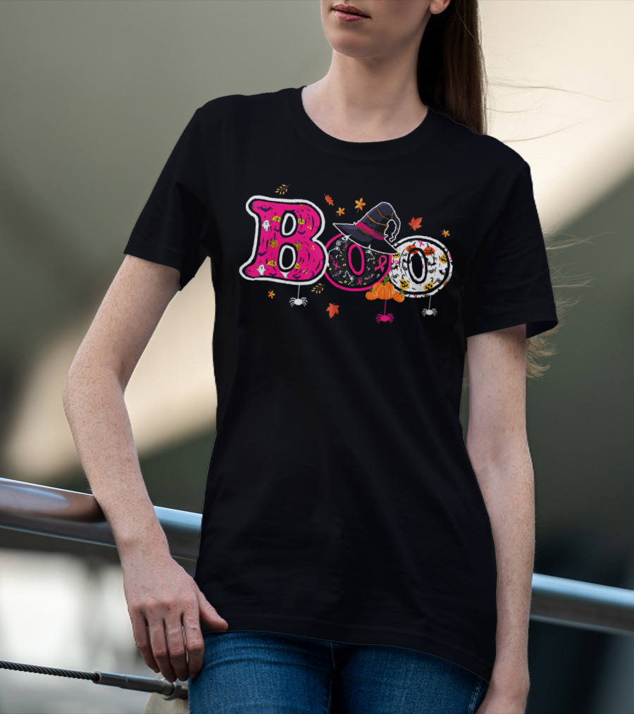Boo Halloween Breast Cancer Awareness Witch Hat Ribbon Pumpkins Spiders Leaves T-Shirt