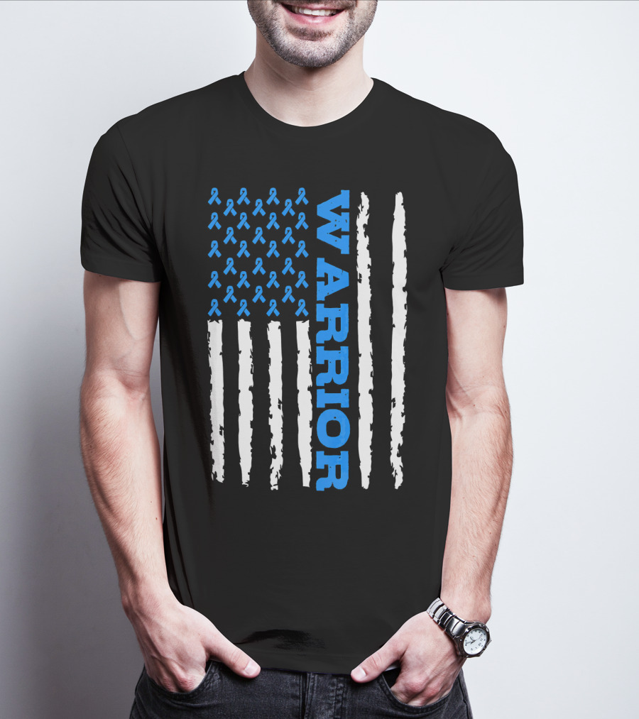 Prostate Cancer Warrior Blue Ribbon American Flag T-Shirt