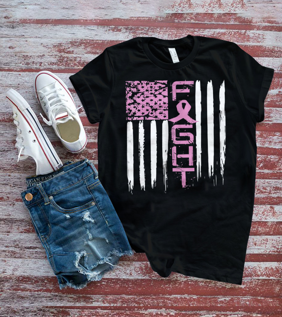 Fight Cancer Awareness Breast Pink Ribbon American Flag T-Shirt