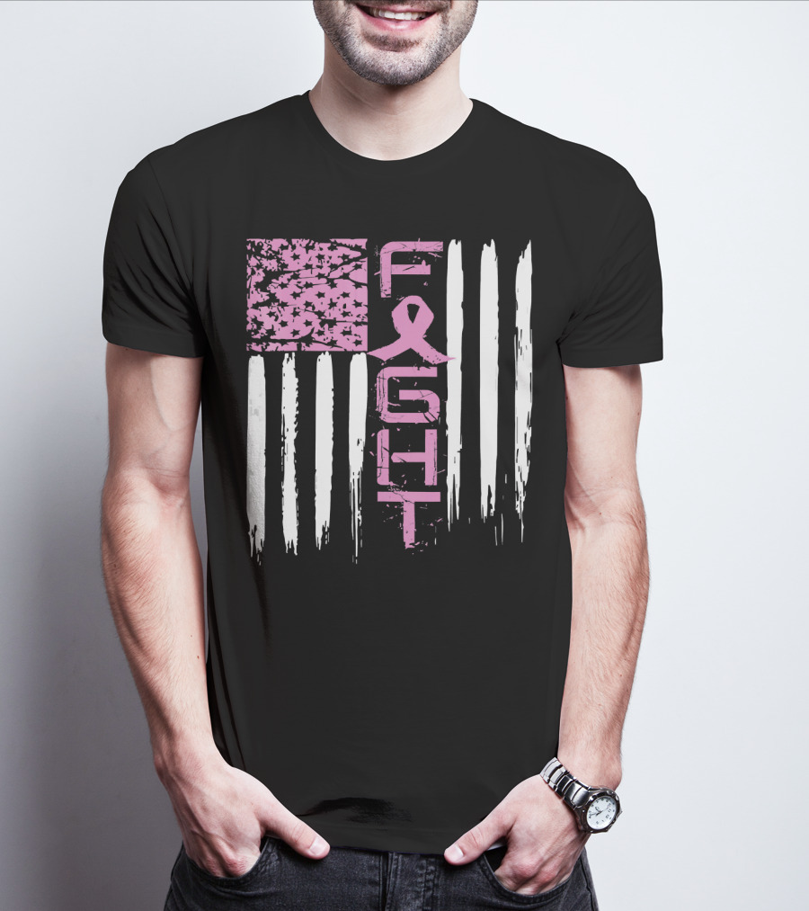 Fight Cancer Awareness Breast Pink Ribbon American Flag T-Shirt