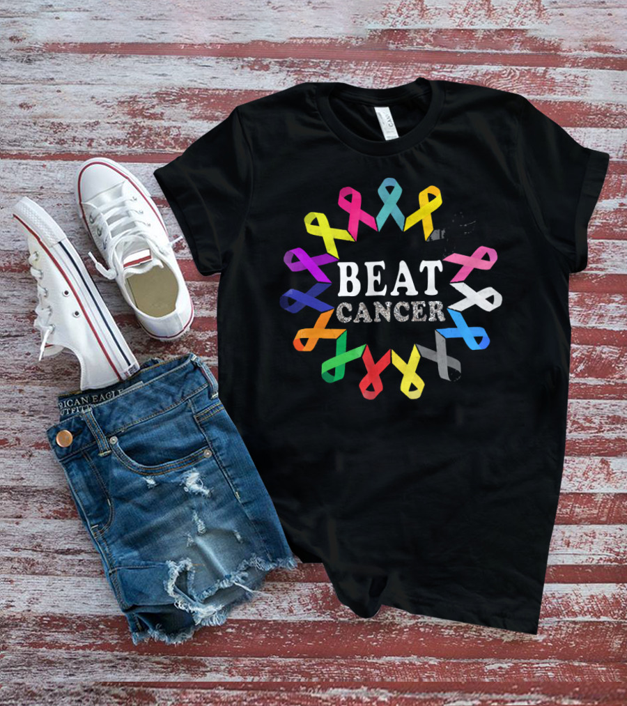 BEAT CANCER Multicolored Awareness Ribbons T-Shirt
