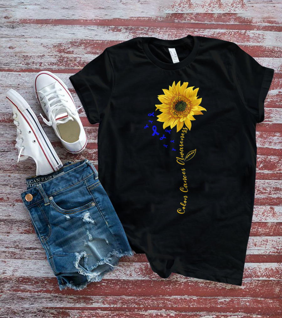 Hippie Sunflower Colon Cancer Awareness Sunflower With Blue Ribbons T-Shirt