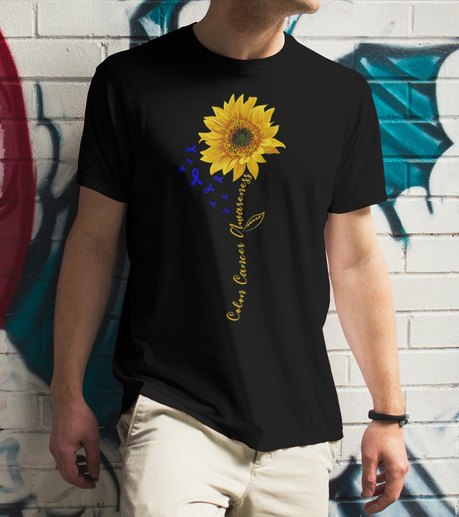 Hippie Sunflower Colon Cancer Awareness Sunflower With Blue Ribbons T-Shirt