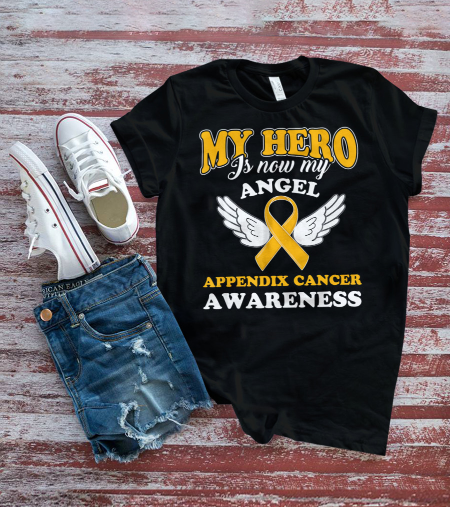 My Hero Is Now My Angel Appendix Cancer Awareness Yellow Ribbon Wings T-Shirt