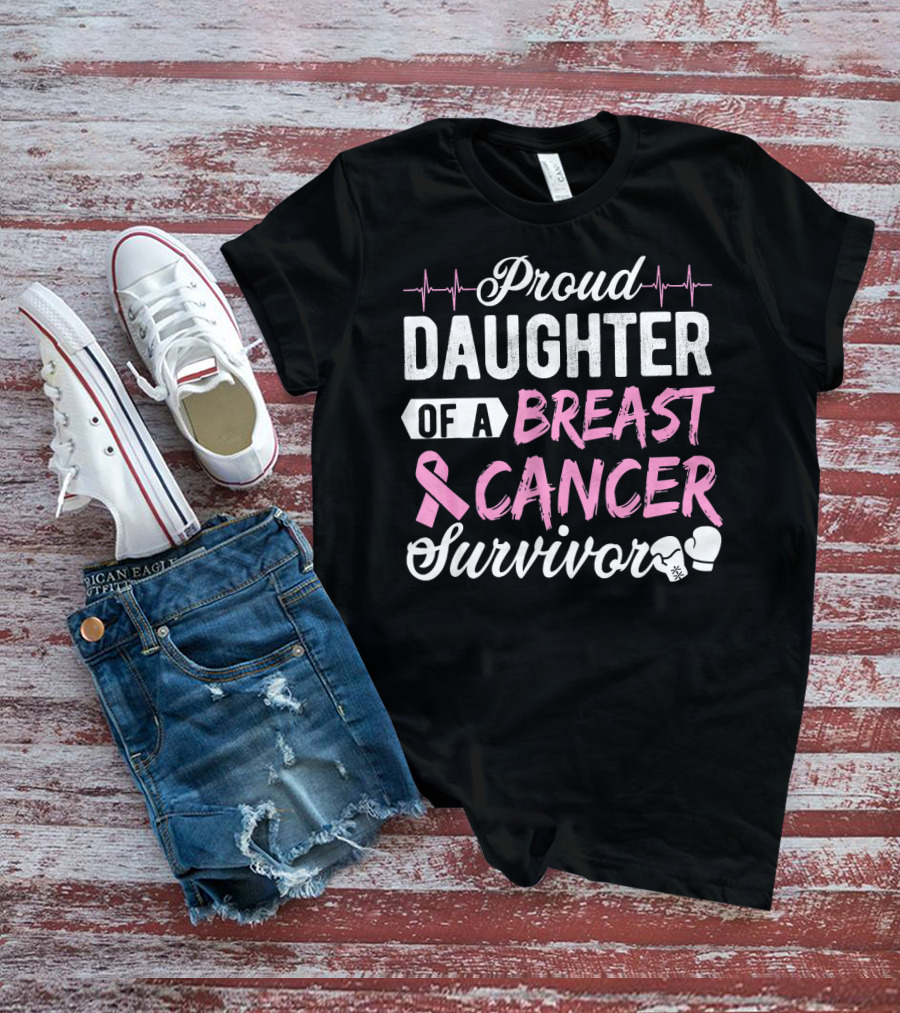 Proud Daughter Of A Breast Cancer Survivor Pink Ribbon Boxing Gloves T-Shirt
