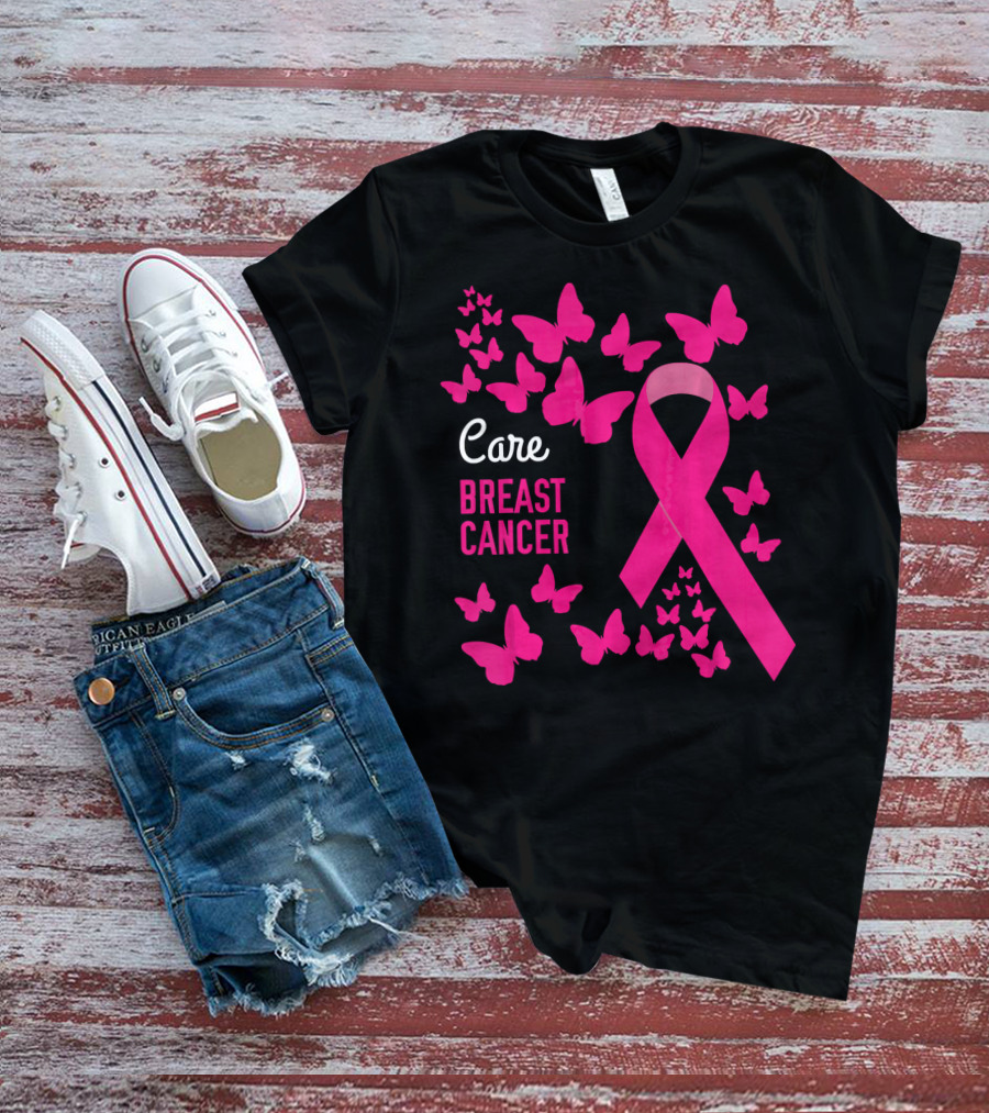 Care Breast Cancer Pink Ribbon Awareness With Butterfly Support T-Shirt