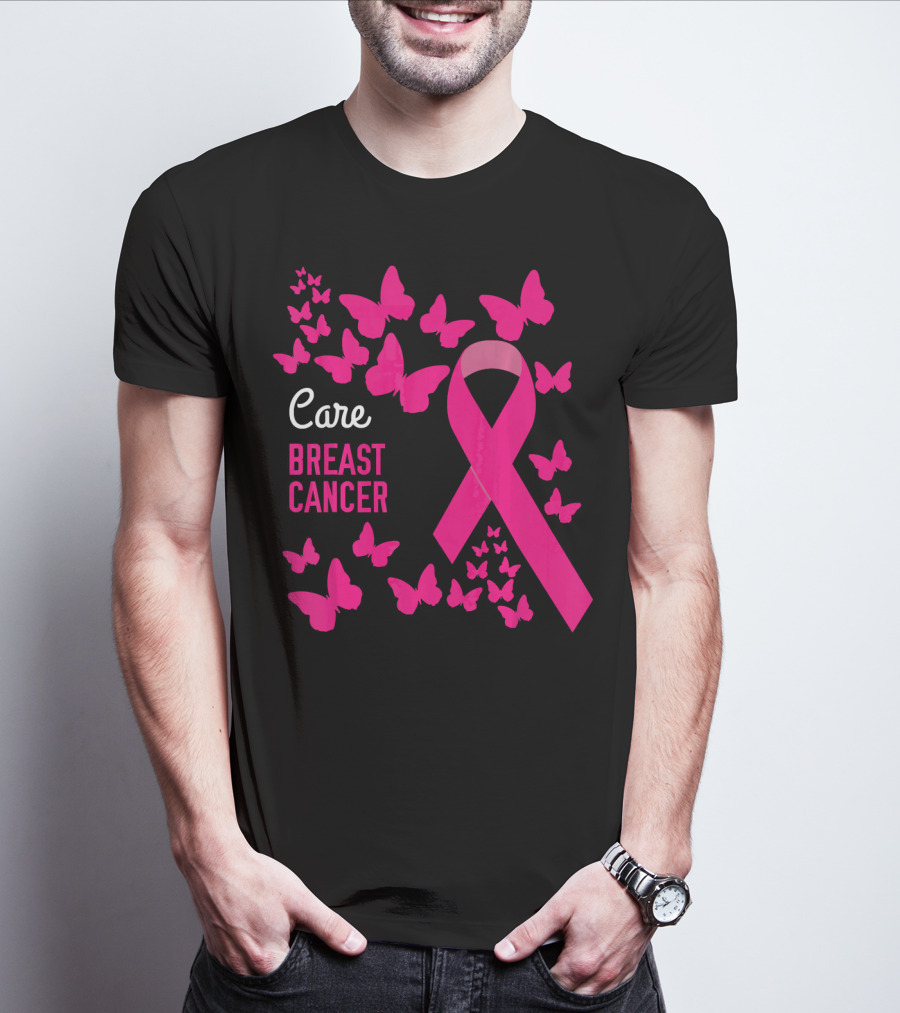 Care Breast Cancer Pink Ribbon Awareness With Butterfly Support T-Shirt